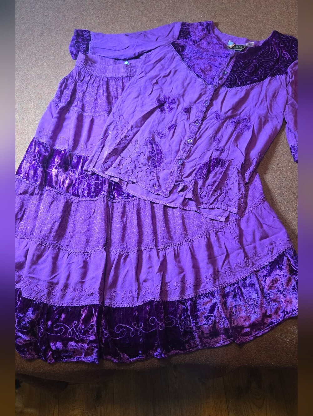 Vintage Mamta Tiered Skirt And Top Size Large (One Size) Purple Velvet Like - Picture 1 of 16